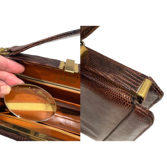 50s 60s Large Escort Top Handle Lizard Bag | Brown | Vintage Frame Bag - Picture 7 of 10